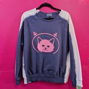 Upcycled Cat Sweatshirt Blue White Pink Cat Tie Dye Top L